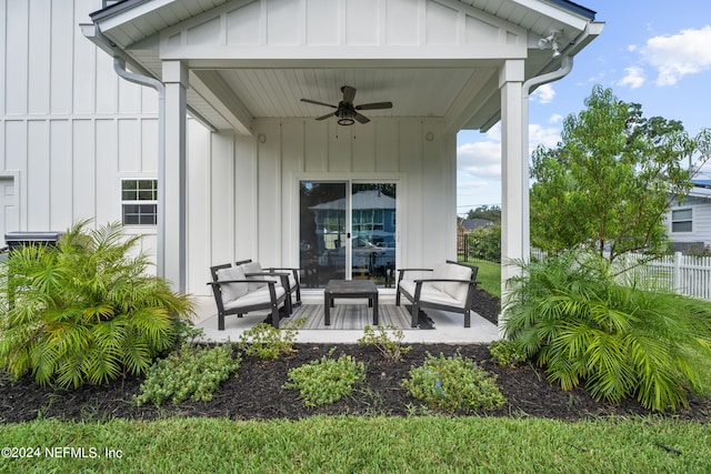 view of patio featuring fence and a ceiling fan