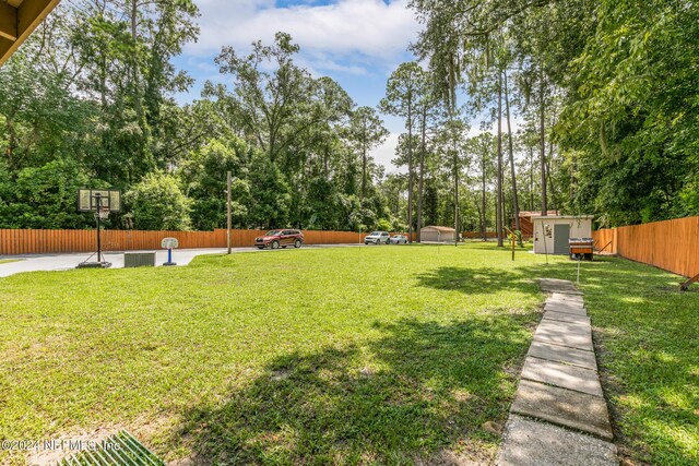 view of yard featuring a storage shed