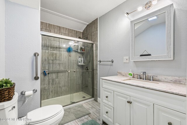 bathroom featuring vanity, toilet, and an enclosed shower