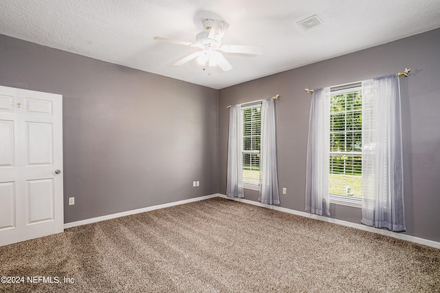 carpeted spare room featuring ceiling fan, a wealth of natural light, and a textured ceiling