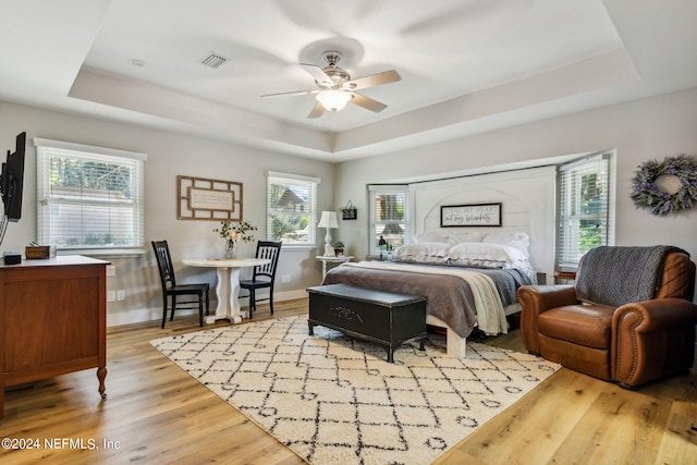 bedroom featuring light hardwood / wood-style floors, a raised ceiling, and ceiling fan