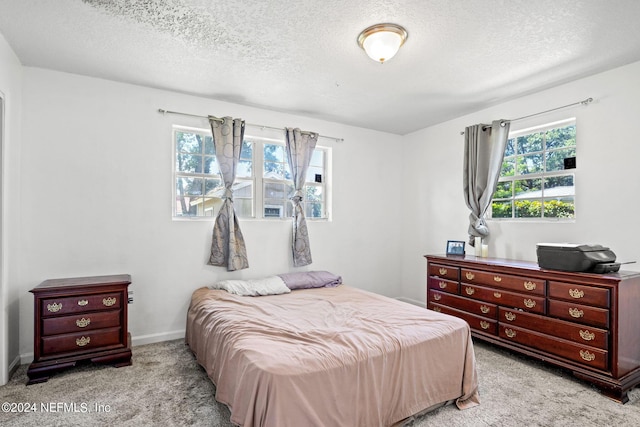 bedroom with carpet flooring, a textured ceiling, and baseboards