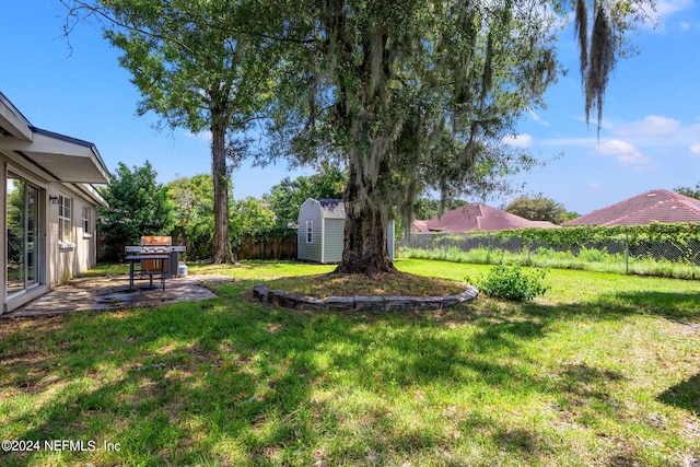 view of yard with a fenced backyard, a storage unit, a patio, and an outbuilding