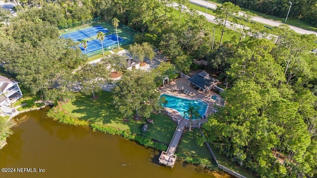 drone / aerial view with a water view