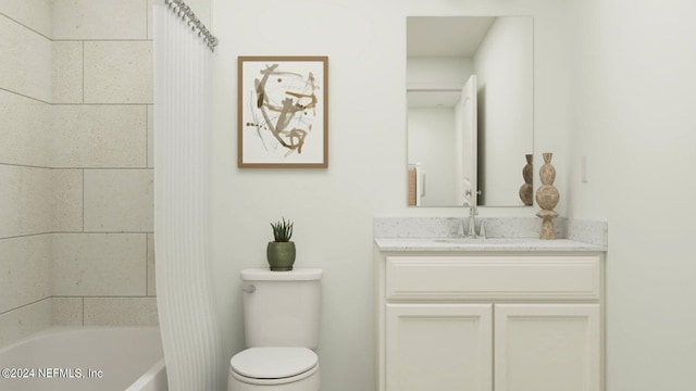 full bathroom featuring tiled shower / bath combo, vanity, and toilet