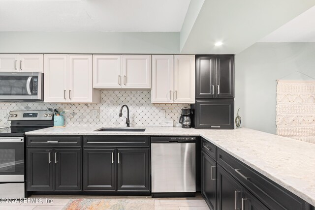 kitchen with stainless steel appliances, sink, decorative backsplash, and white cabinetry