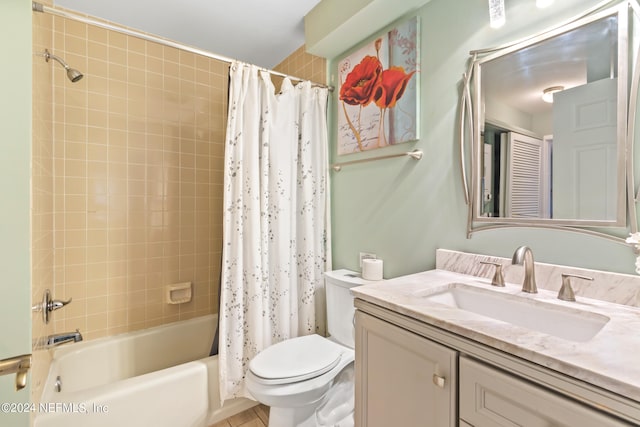 full bathroom with shower / bathtub combination with curtain, toilet, and vanity