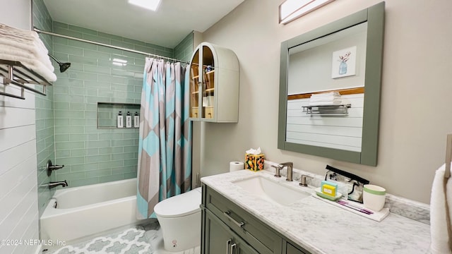 full bathroom with vanity, toilet, and shower / bath combination with curtain