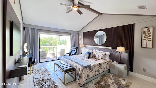 tiled bedroom featuring lofted ceiling, ceiling fan, and access to exterior