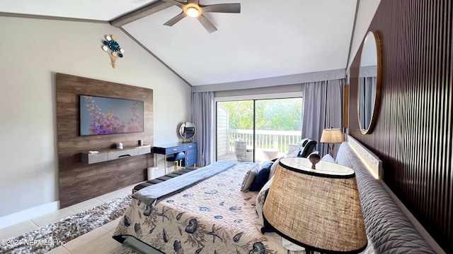 tiled bedroom with lofted ceiling, ceiling fan, and access to exterior