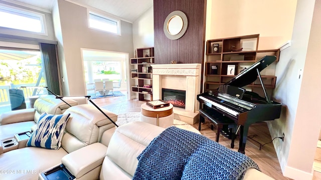 living room with light wood-type flooring, high vaulted ceiling, and a healthy amount of sunlight