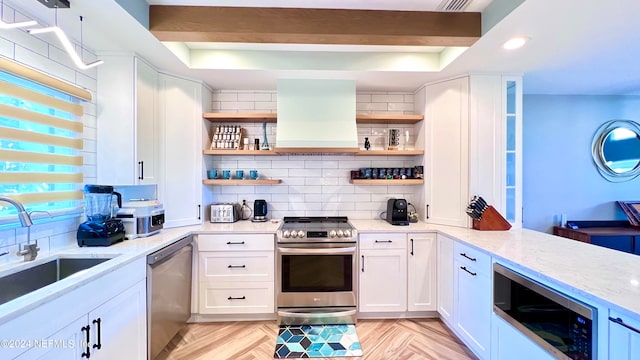 kitchen featuring custom exhaust hood, stainless steel appliances, backsplash, and white cabinetry