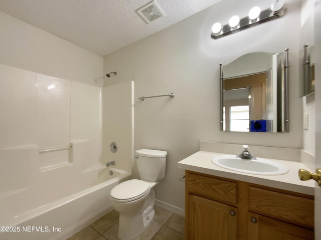 full bath featuring visible vents, toilet, vanity, tile patterned floors, and a textured ceiling