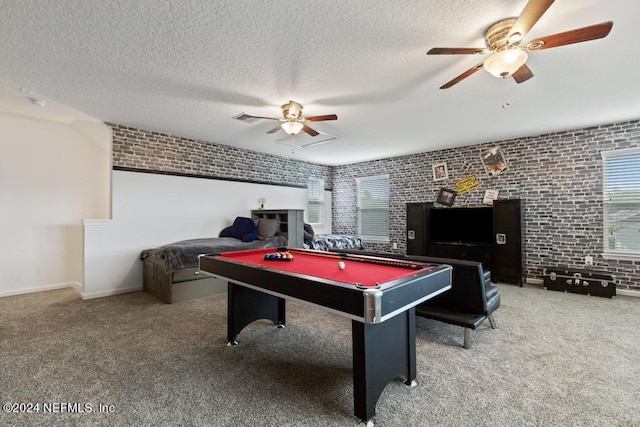 game room featuring billiards, brick wall, ceiling fan, and carpet floors