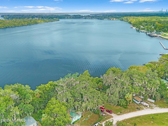 aerial view featuring a water view