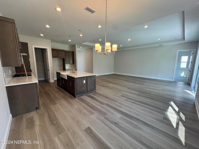 kitchen featuring hardwood / wood-style floors, sink, hanging light fixtures, and a center island with sink