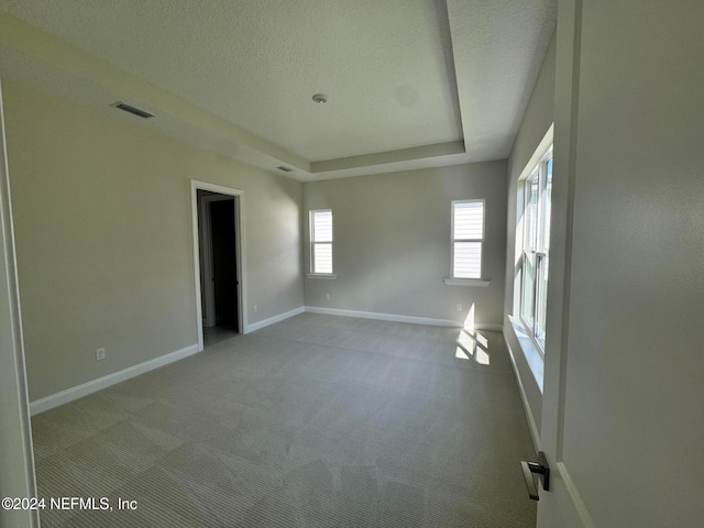 carpeted empty room with a raised ceiling and a textured ceiling