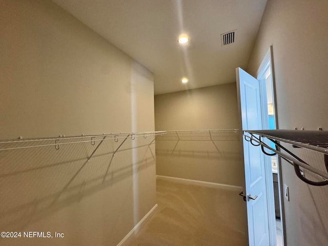 walk in closet with light colored carpet