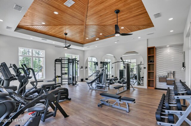 workout area featuring wood ceiling, ceiling fan, plenty of natural light, and a raised ceiling