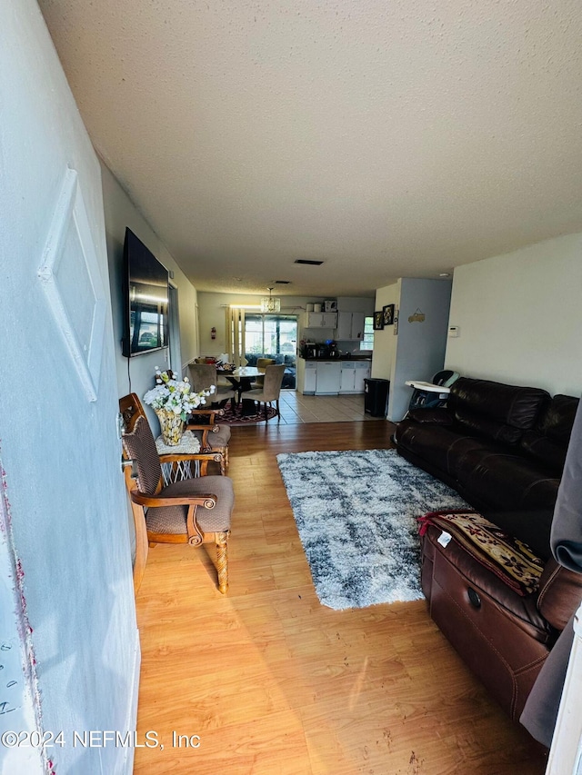 living room featuring a textured ceiling and wood-type flooring