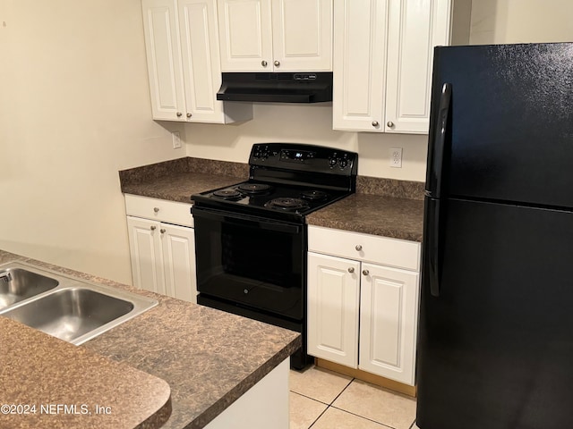 kitchen with black appliances, light tile patterned flooring, sink, and white cabinets