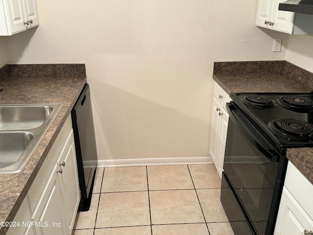 kitchen featuring black electric range oven, range hood, white cabinetry, and light tile patterned flooring