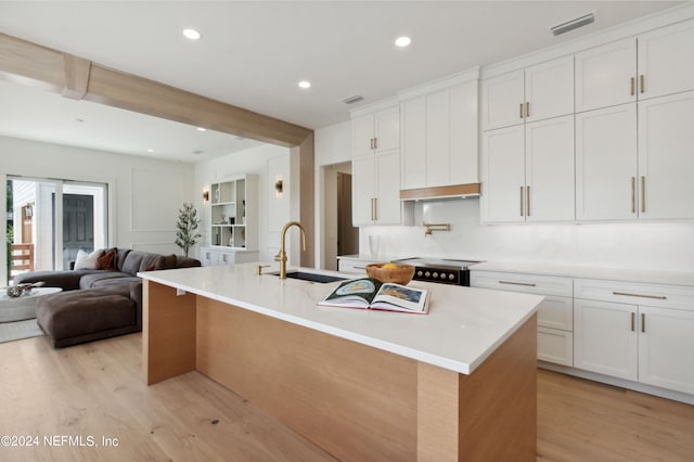 kitchen with light wood-type flooring, a sink, a center island with sink, and white cabinets