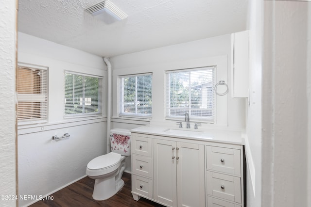 bathroom with vanity, toilet, hardwood / wood-style flooring, and a textured ceiling