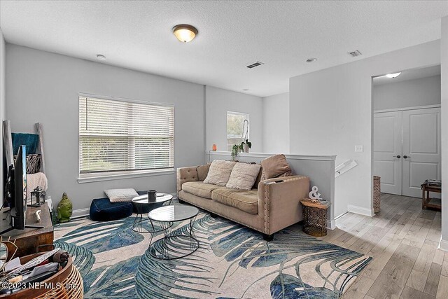 living room with light wood-type flooring, a wealth of natural light, and a textured ceiling