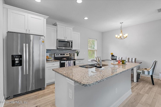 kitchen with light wood-type flooring, appliances with stainless steel finishes, white cabinets, and hanging light fixtures