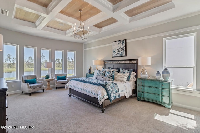 carpeted bedroom featuring multiple windows, coffered ceiling, and beamed ceiling