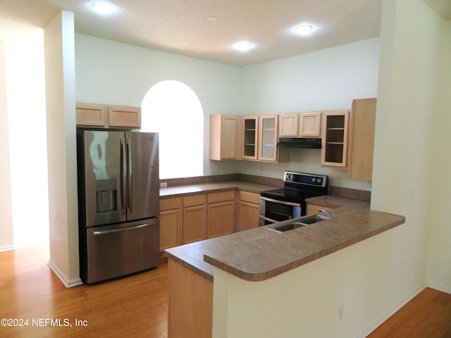 kitchen with sink, appliances with stainless steel finishes, light wood-type flooring, and kitchen peninsula