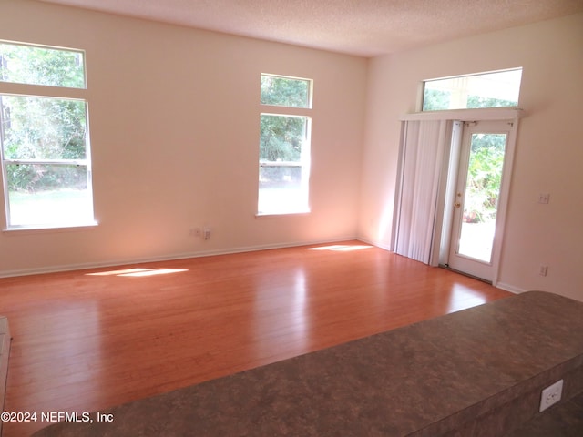 unfurnished room featuring wood-type flooring and a textured ceiling