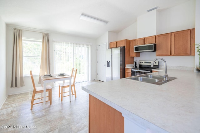 kitchen with lofted ceiling, stainless steel appliances, and sink