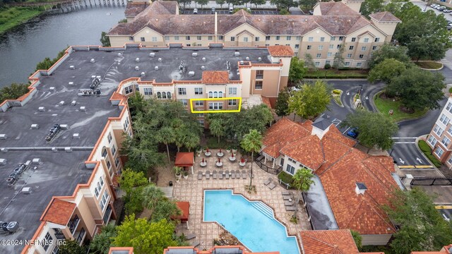 bird's eye view with a water view