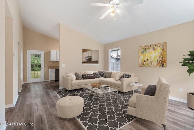 living room featuring high vaulted ceiling, ceiling fan, and hardwood / wood-style flooring