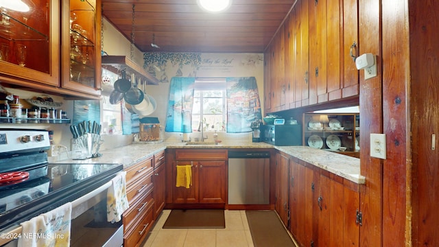 kitchen with light stone countertops, light tile patterned floors, stainless steel appliances, wooden ceiling, and sink