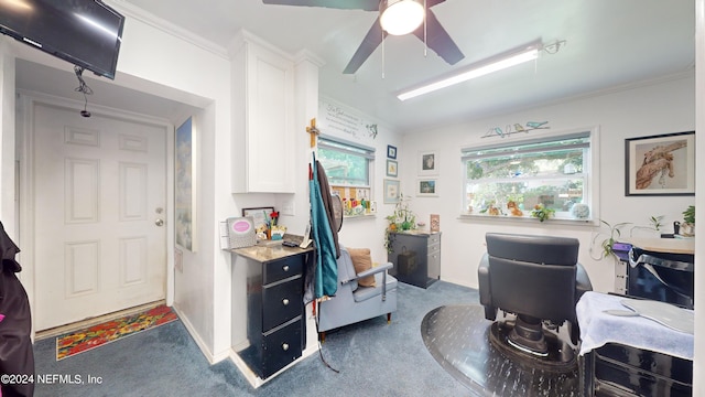 office area featuring ceiling fan, carpet flooring, and a healthy amount of sunlight