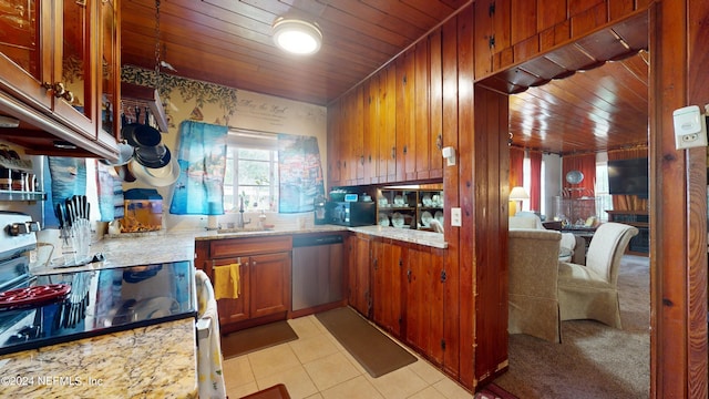 kitchen featuring light tile patterned floors, sink, dishwasher, electric range, and wooden ceiling