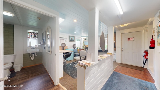 entrance foyer with sink, dark hardwood / wood-style floors, wood walls, and a wealth of natural light