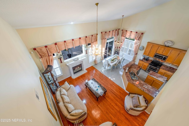 2518 Willow Creek Dr, Fleming Island, FL 32003 - living area featuring a glass covered fireplace, wood finished floors, a wealth of natural light, and high vaulted ceiling