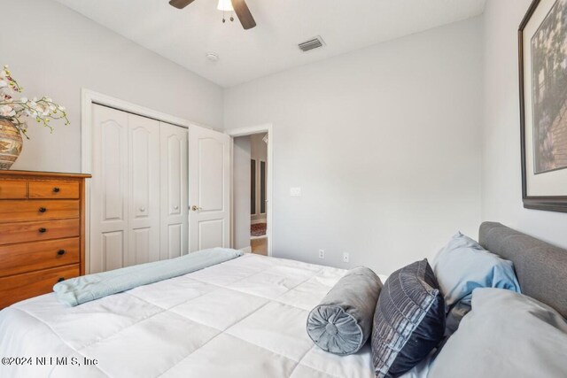 bedroom featuring ceiling fan and a closet