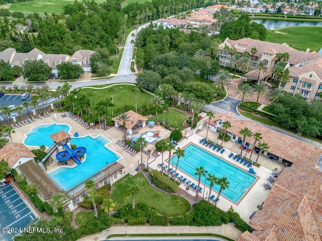 aerial view featuring a water view