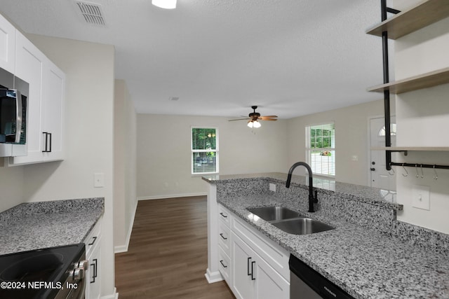 kitchen with dark wood-type flooring, sink, white cabinetry, appliances with stainless steel finishes, and light stone countertops