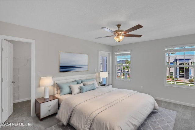 bedroom with multiple windows, a closet, a spacious closet, and ceiling fan