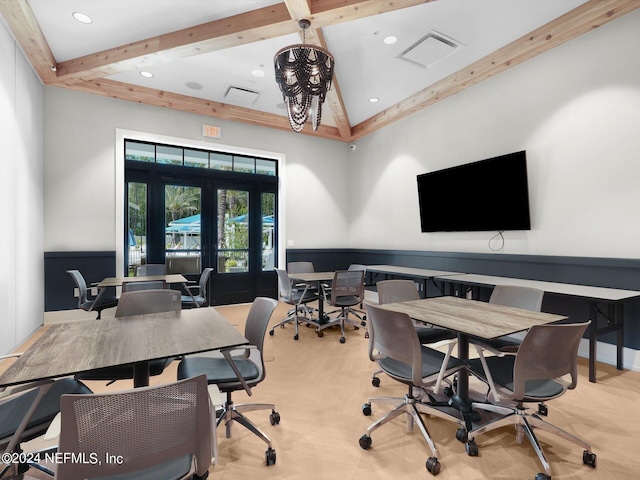 carpeted home office featuring visible vents, a chandelier, beamed ceiling, and french doors