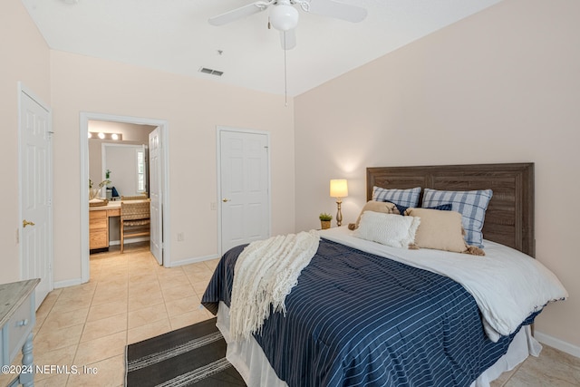 bedroom featuring ceiling fan and light tile patterned floors