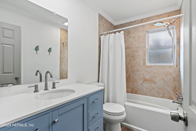 full bathroom with vanity, toilet, ornamental molding, and shower / tub combo