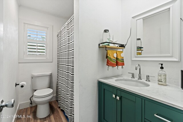 bathroom featuring vanity, toilet, and hardwood / wood-style floors