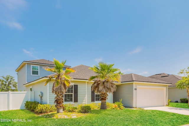 view of front facade featuring a garage, driveway, a front lawn, and fence